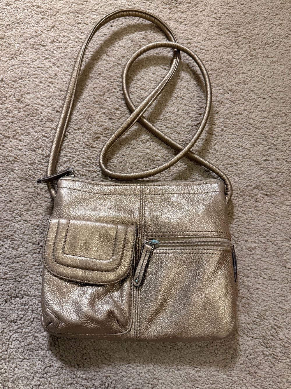 Tignanello metallic gold  crossbody bag pebbled leather exterior